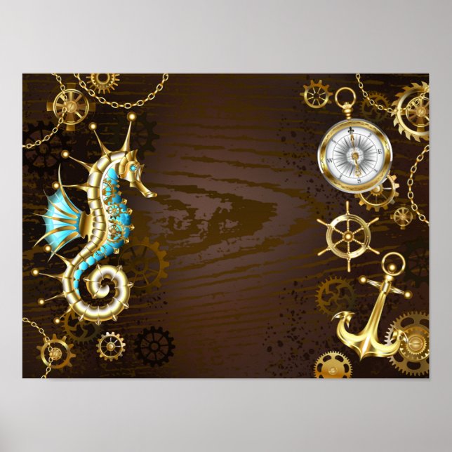 Wooden Background with Mechanical Seahorse Poster (Front)