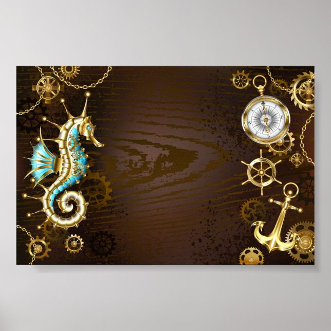 Wooden Background with Mechanical Seahorse Poster (Front)