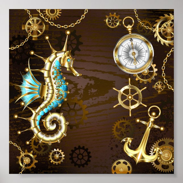 Wooden Background with Mechanical Seahorse Poster (Front)