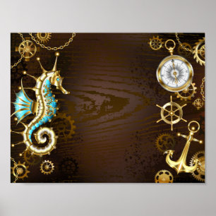 Wooden Background with Mechanical Seahorse Poster