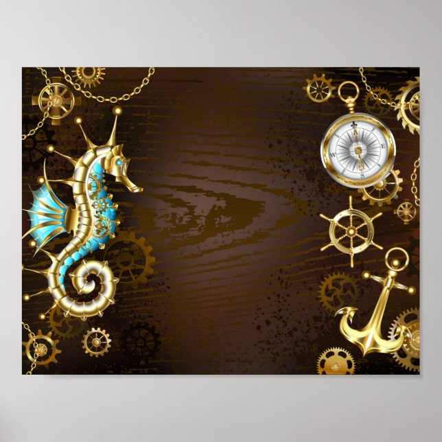 Wooden Background with Mechanical Seahorse Poster (Front)