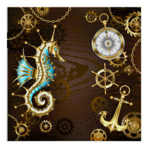 Wooden Background with Mechanical Seahorse Poster