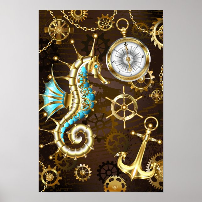 Wooden Background with Mechanical Seahorse Poster (Front)