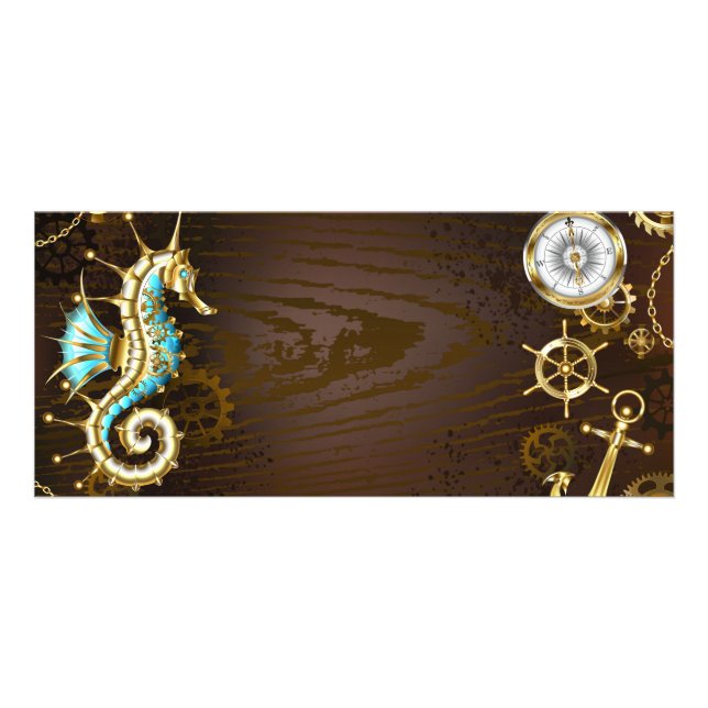 Wooden Background with Mechanical Seahorse Rack Card (Front)