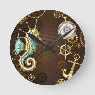 Wooden Background with Mechanical Seahorse Round Clock