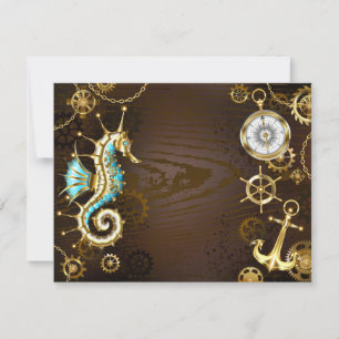 Wooden Background with Mechanical Seahorse Save The Date