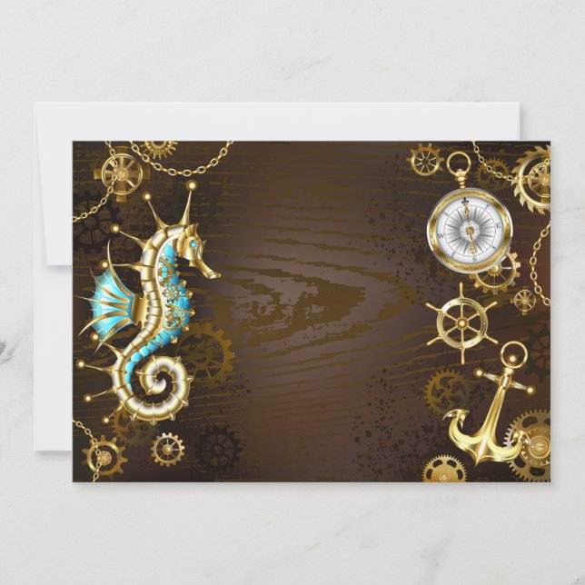 Wooden Background with Mechanical Seahorse Save The Date (Front)