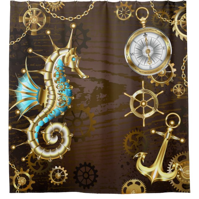 Wooden Background with Mechanical Seahorse Shower Curtain (Front)