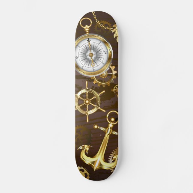 Wooden Background with Mechanical Seahorse Skateboard (Front)