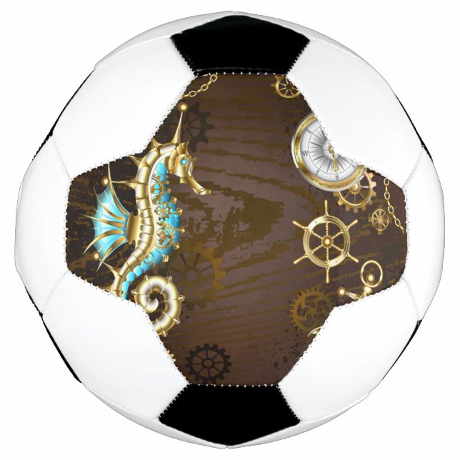 Wooden Background with Mechanical Seahorse Soccer Ball (Front)