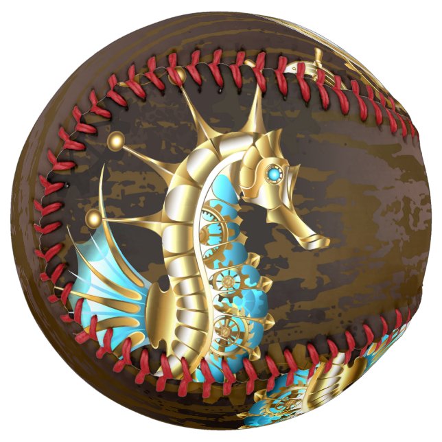 Wooden Background with Mechanical Seahorse Softball (Front Left)
