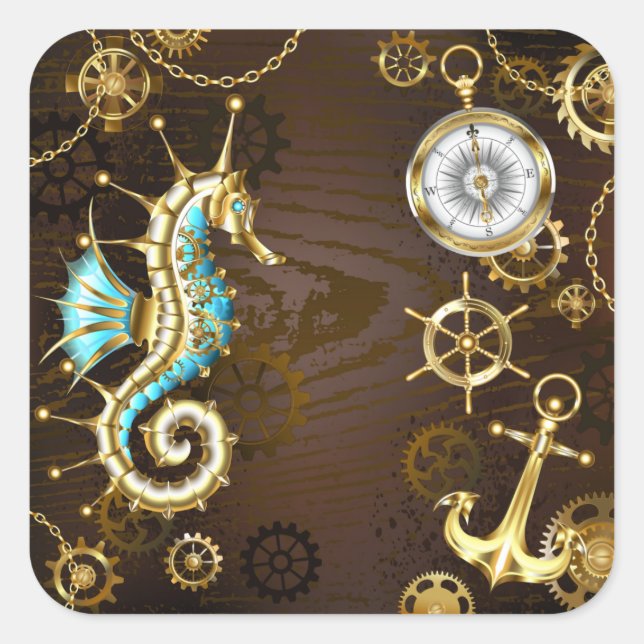 Wooden Background with Mechanical Seahorse Square Sticker (Front)