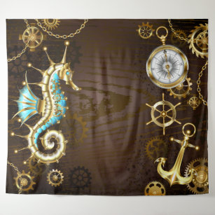 Wooden Background with Mechanical Seahorse Tapestry