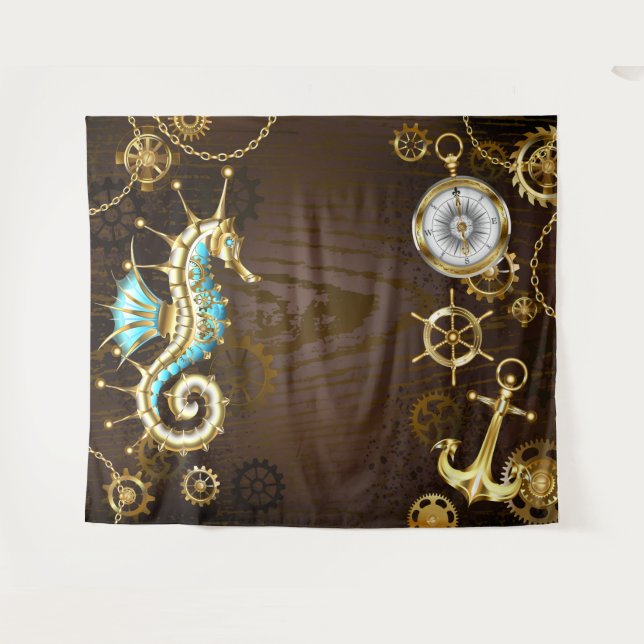 Wooden Background with Mechanical Seahorse Tapestry (Front (Horizontal))