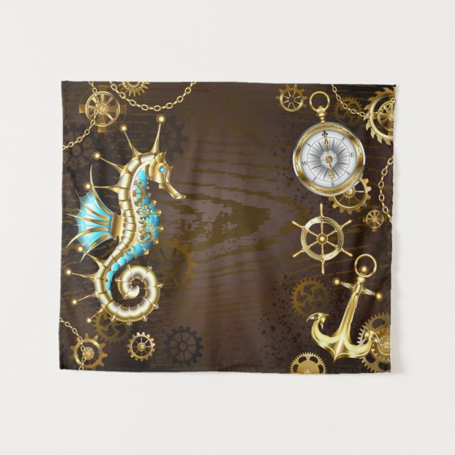 Wooden Background with Mechanical Seahorse Tapestry (Front (Horizontal))