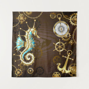 Wooden Background with Mechanical Seahorse Tapestry