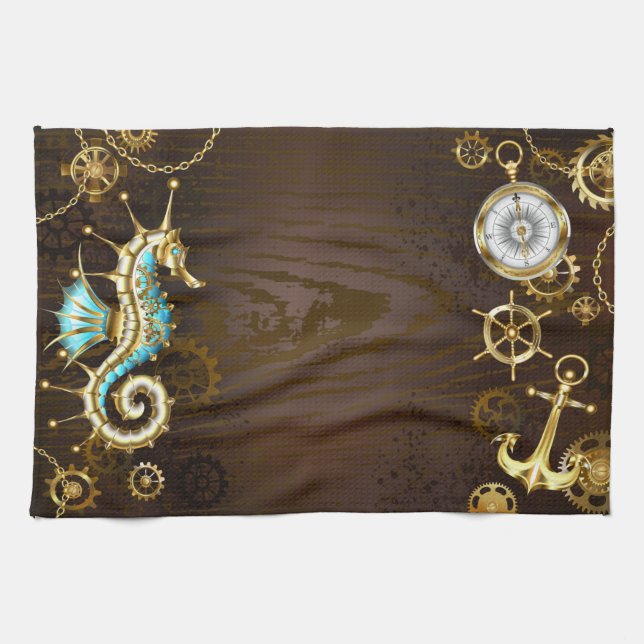 Wooden Background with Mechanical Seahorse Tea Towel (Horizontal)