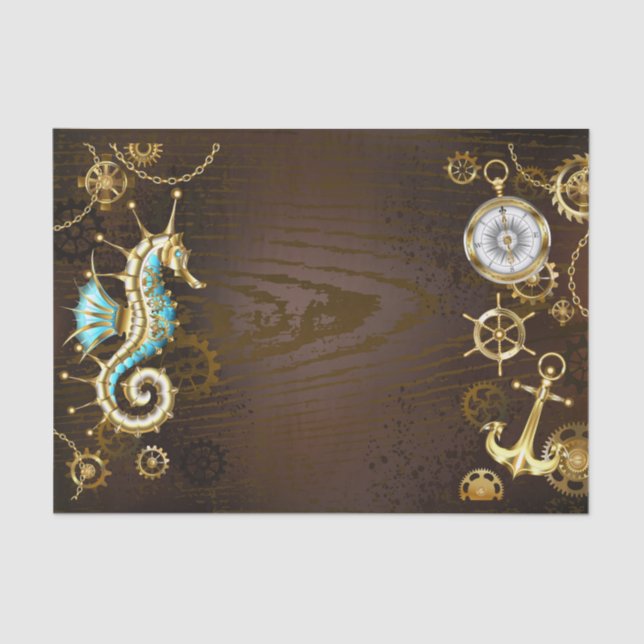 Wooden Background with Mechanical Seahorse Tissue Paper (Front)