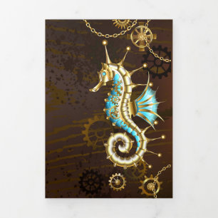 Wooden Background with Mechanical Seahorse Tri-Fold Programme