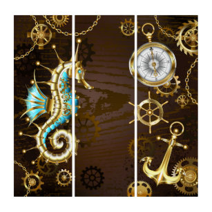 Wooden Background with Mechanical Seahorse Triptych
