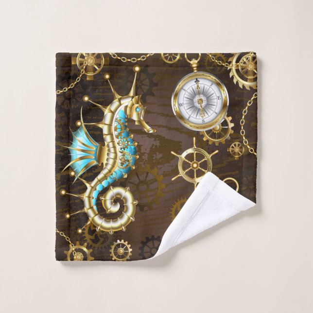 Wooden Background with Mechanical Seahorse Wash Cloth (Wash Cloth)