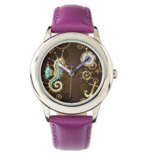 Wooden Background with Mechanical Seahorse Watch