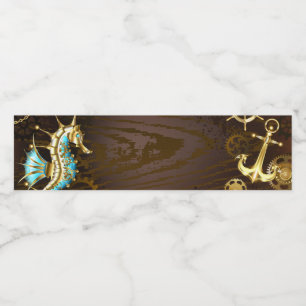 Wooden Background with Mechanical Seahorse Water Bottle Label