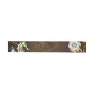 Wooden Background with Mechanical Seahorse Wrap Around Label