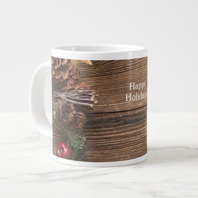 wooden background with pine cones large coffee mug (Front Left)