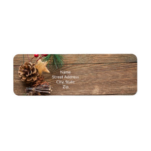 wooden background with pine cones return address label