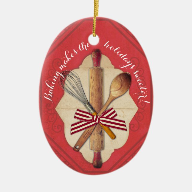 Wooden baking utensils bow Christmas ornament (Front)