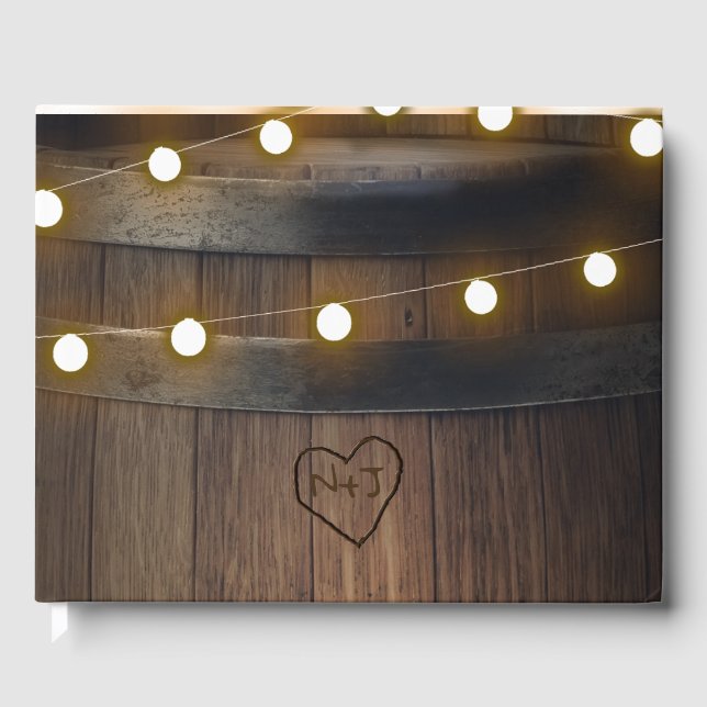 Wooden Barrel Carved Heart Lights Rustic Wedding Guest Book (Front)