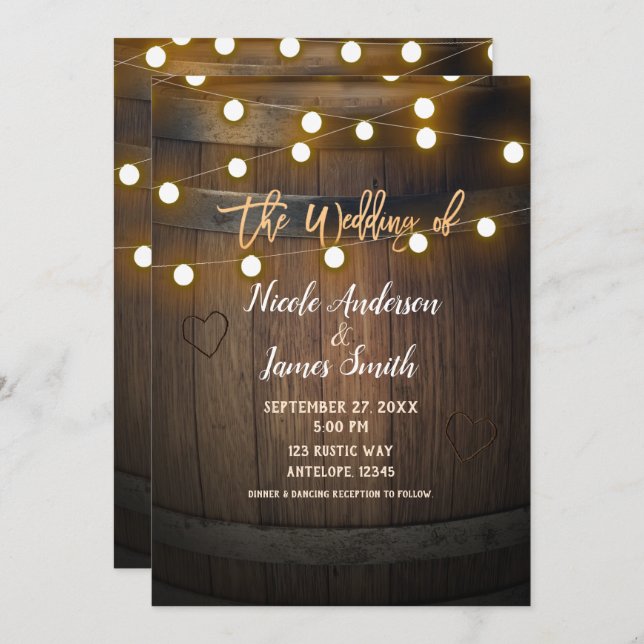 Wooden Barrel Carved Heart & Lights Rustic Wedding Invitation (Front/Back)