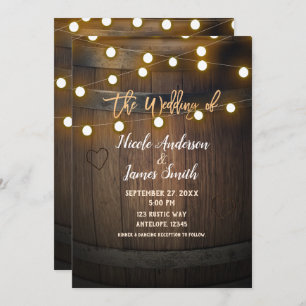Wooden Barrel Carved Heart & Lights Rustic Wedding Invitation