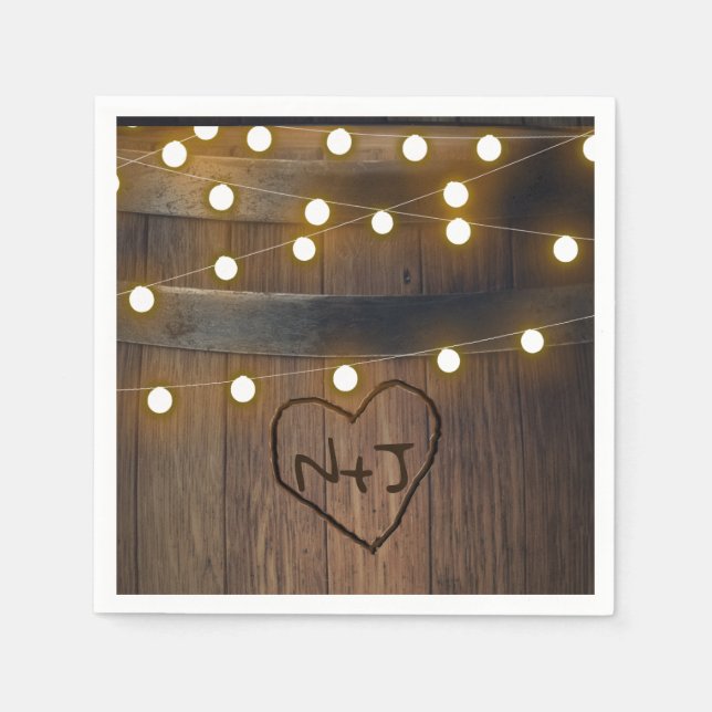 Wooden Barrel Carved Heart Lights Rustic Wedding Napkin (Front)