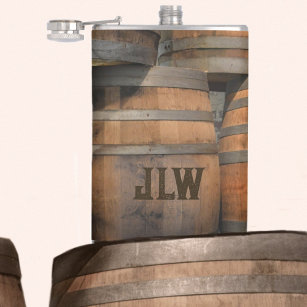 Wooden Barrel Kegs Monogrammed  Photographic Hip Flask