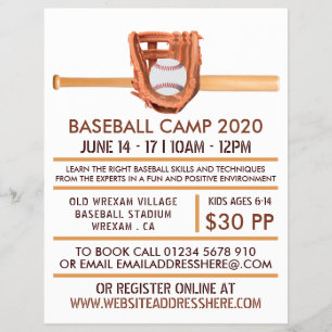 Wooden Baseball Bat & Gear, Baseball Camp Advert Flyer