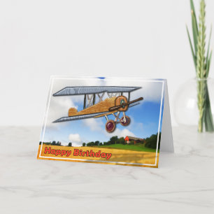 Wooden Biplane Over Fields  Happy Birthday Card