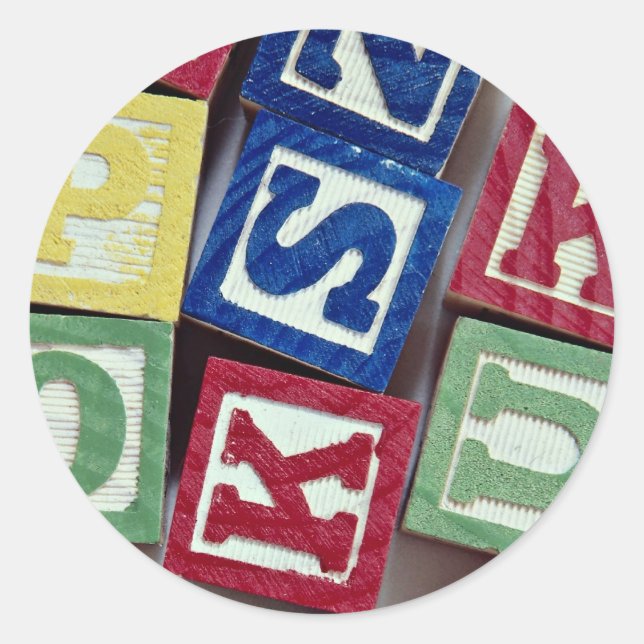Wooden blocks with alphabets for kids classic round sticker (Front)