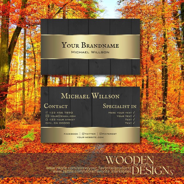 Wooden Boards Black Wood Grain and Gold Decor Business Card (Creator Uploaded)