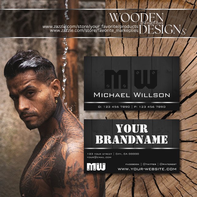 Wooden Boards Black Wood Grain Look White Monogram Business Card (Creator Uploaded)