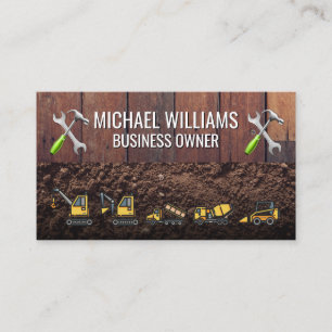 Wooden Boards Dirt Construction Vehicles Tools Business Card
