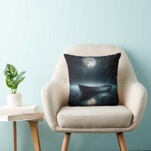Wooden Boat On Moonlit Lake Cushion