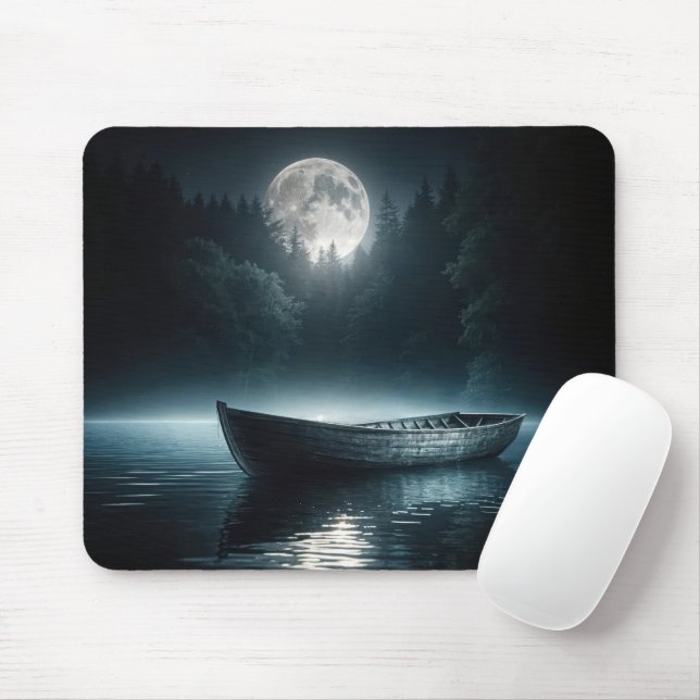 Wooden Boat On Moonlit Lake Mouse Pad (With Mouse)