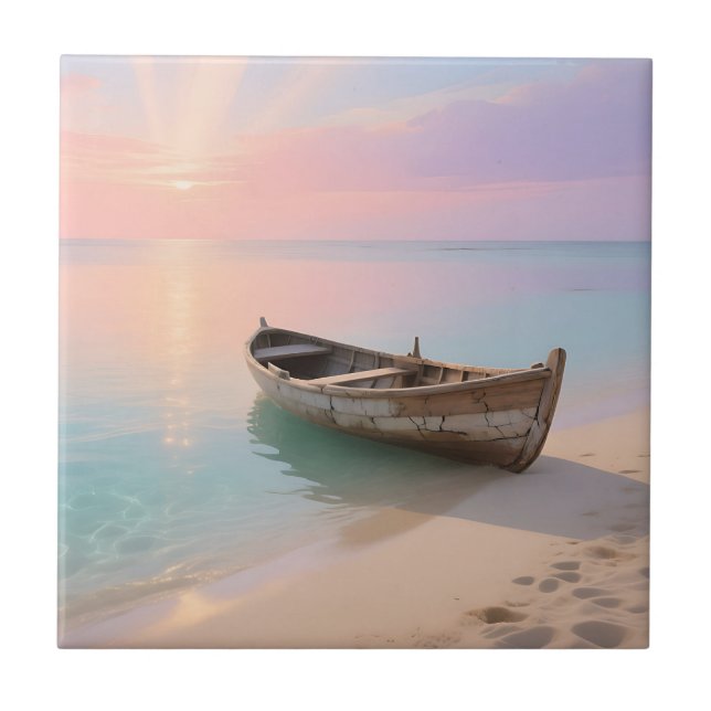Wooden Boat Tropical Sunset Beach Ceramic Tile (Front)