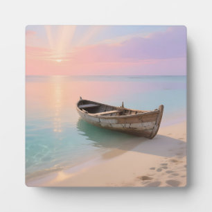 Wooden Boat Tropical Sunset Beach Plaque