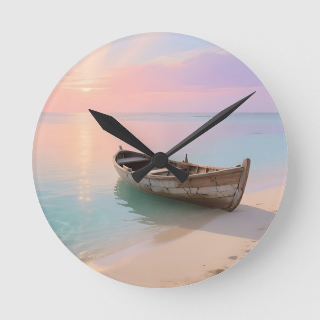Wooden Boat Tropical Sunset Beach Round Clock (Front)