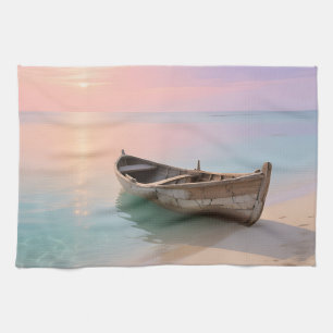 Wooden Boat Tropical Sunset Beach Tea Towel