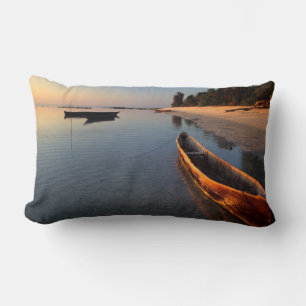 Wooden boats on Tondooni Beach Lumbar Cushion