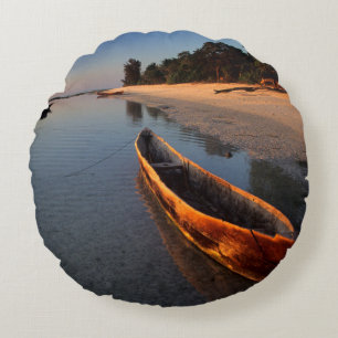 Wooden boats on Tondooni Beach Round Cushion